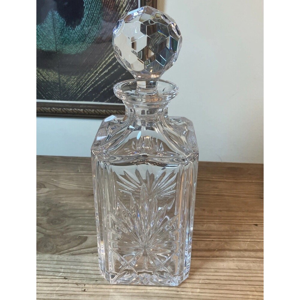 Vintage Atlantis Signed Square Cut Lead Crystal Whiskey Decanter & Glass Stopper